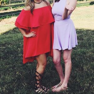 Red off the shoulder smock dress